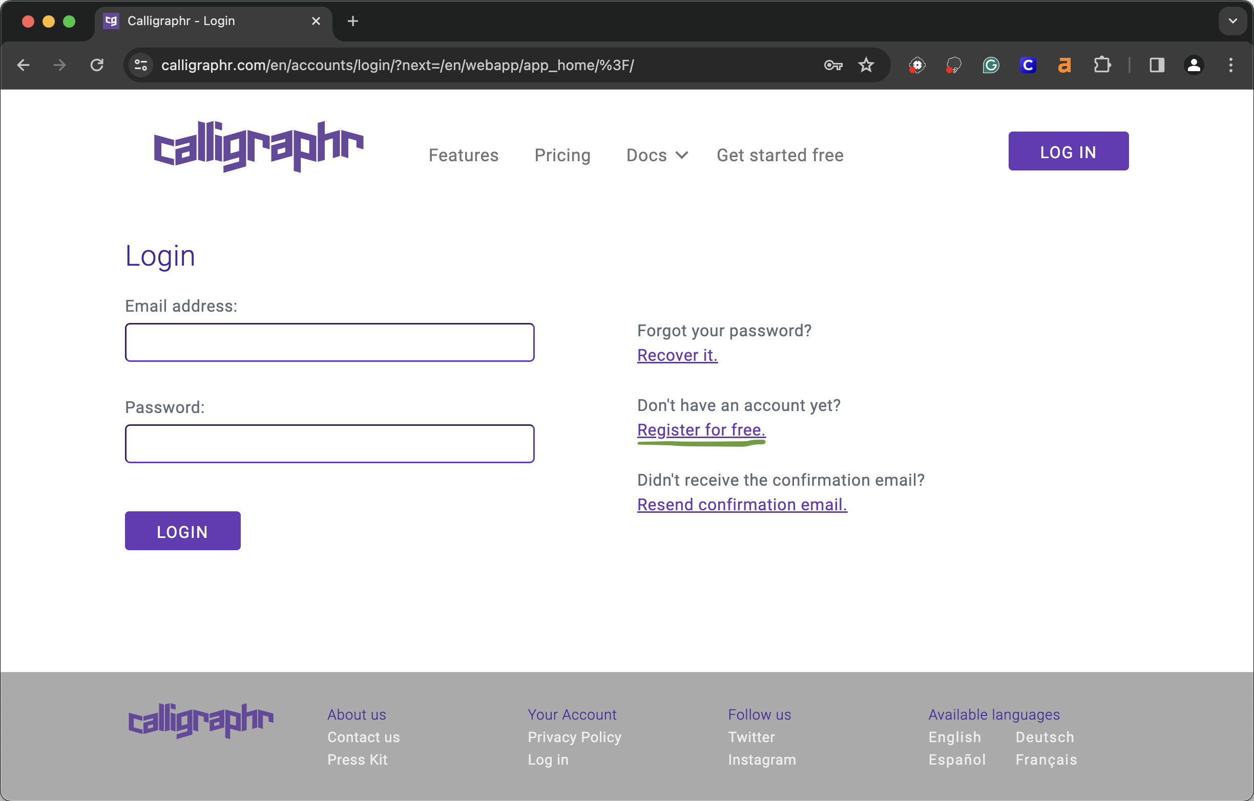 login screen of calligraphr email and password sign in to the left, register for freee button to the left