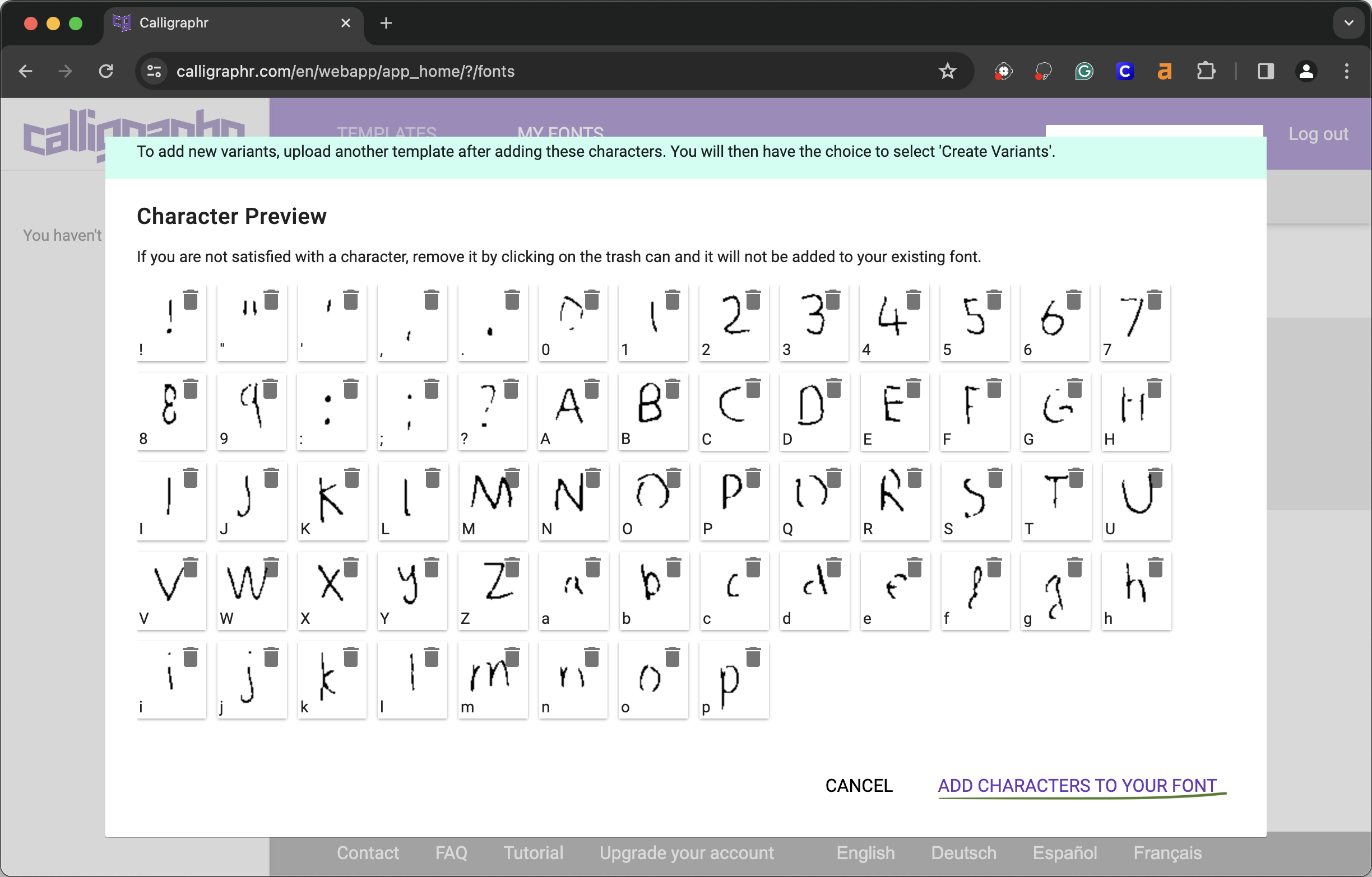 Once you hit the upload template button, Calligraphr will automatically detect the characters in your image. It will then preview the characters it detected. In this pop-up box you are able to delete a character it detected.