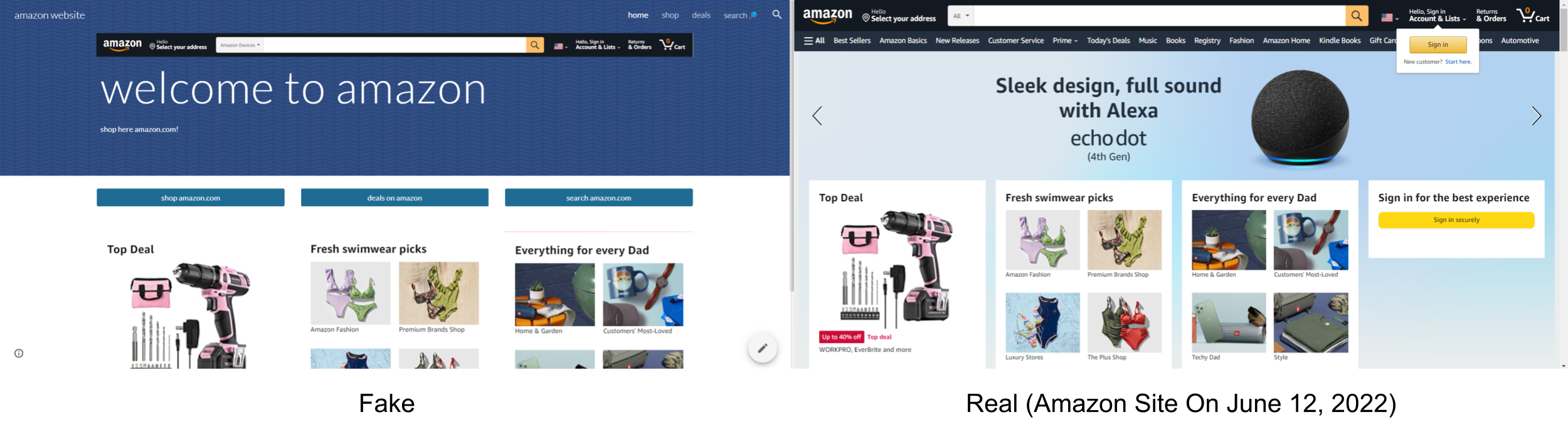 Comparison of Amazon websites; left screen depicts a scam Amazon website, while the right screen showcases the authentic Amazon website.