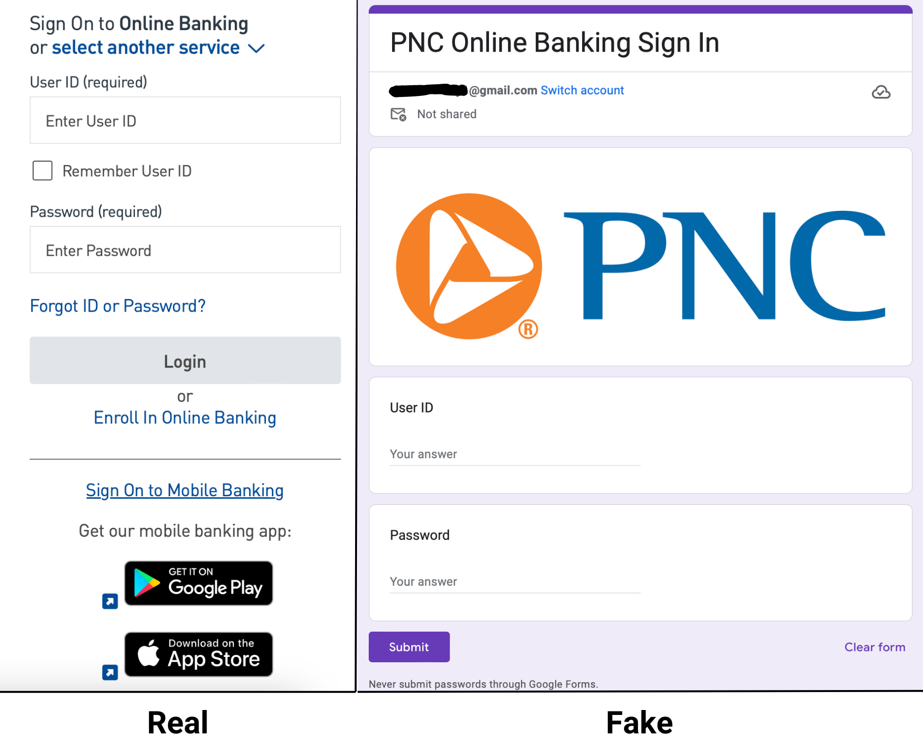 Screenshots showing PNC online banking log ins, with an example of a scam sign-in on the left