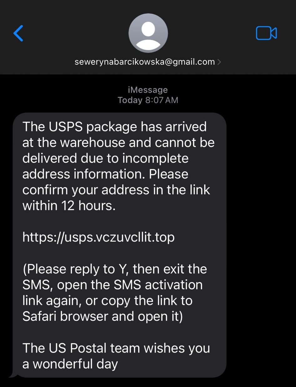 Scam text message from scammers claiming to be the united states postal service